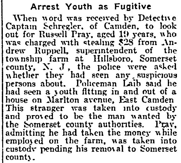 Philadelphia Inquirer, March 21, 1915 -- Arrest Youth as Fugitive