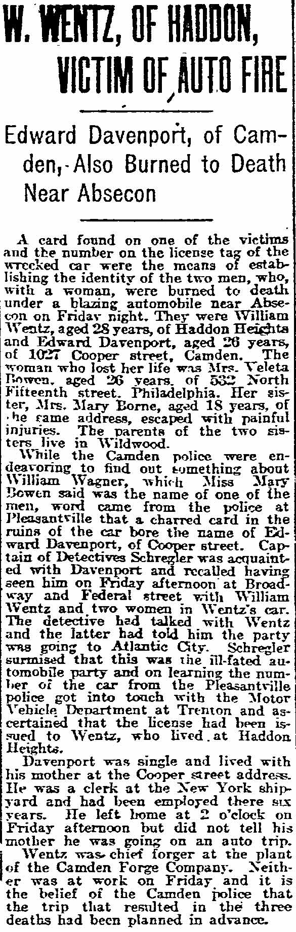 Philadelphia Inquirer, May 15, 1918 -- W. Wentz, of Haddon, Victim of Auto Fire