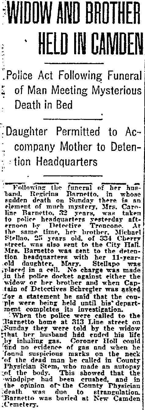 Philadelphia Inquirer, November 26, 1919 -- Widow and Brother Held in Camden