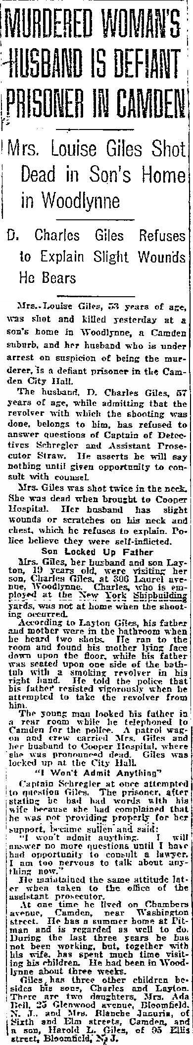 Philadelphia Inquirer, February 13, 1920 -- Murdered Woman's Husband Is Defiant Prisoner in Camden