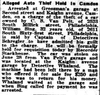 Philadelphia Inquirer, July 12, 1920 -- Alleged Auto Thief Held in Camden