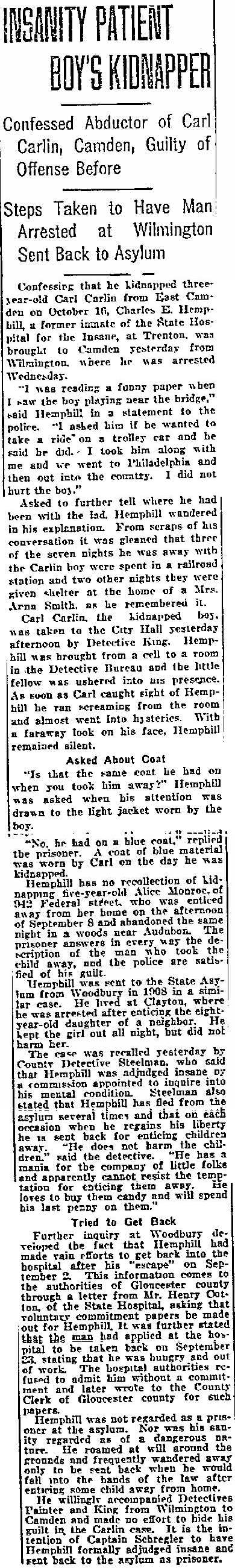 Philadelphia Inquirer, October 28, 1921 -- Insanity Patient Boy's Kidnapper