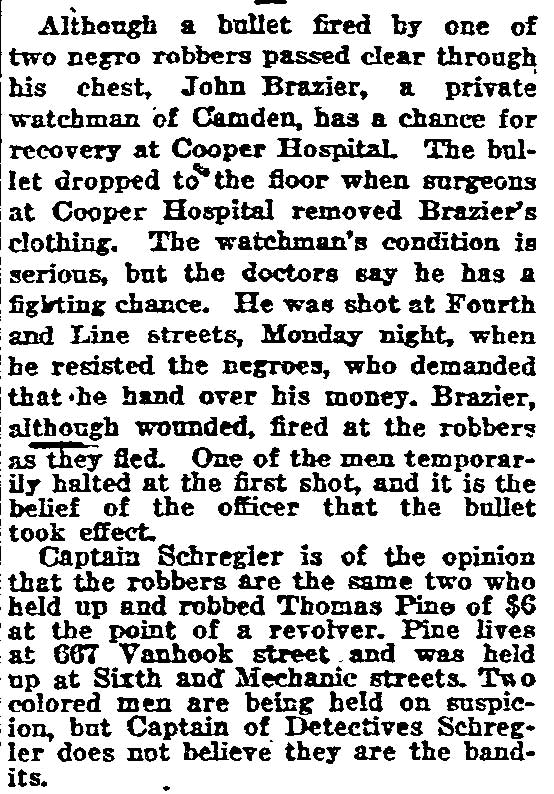 Philadelphia Inquirer, November 9, 1921 -- Watchman Shot, Robbers Sought