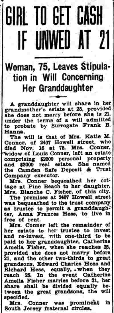 Girl to Get Cash If Unwed at 21 — Will of Mrs. Katie M. Conner, 2407 Howell Street, November 30, 1934
