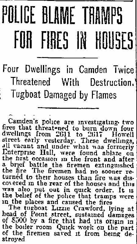 Police Blame Tramps for Fires in Houses — Enterprise Hall, 2611-2617 Howell Street, Philadelphia Inquirer, October 18, 1915