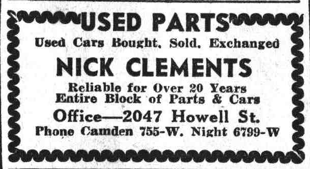 Nick Clements Used Parts advertisement, 2047 Howell Street, Camden Courier-Post, August 28, 1935