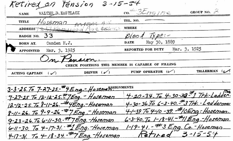 Walter D. Eastlack Camden Fire Department personnel record card