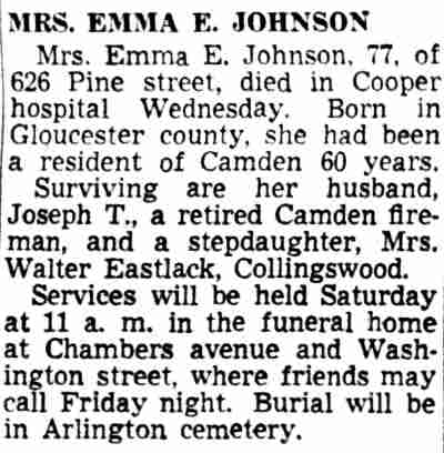 Obituary of Mrs. Emma E. Johnson, Camden Courier-Post, January 19, 1950