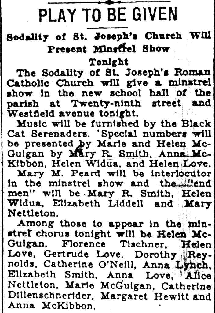 Camden Courier-Post, June 27, 1929 — Play to Be Given: Sodality of St. Joseph's Church Will Present Minstrel Show