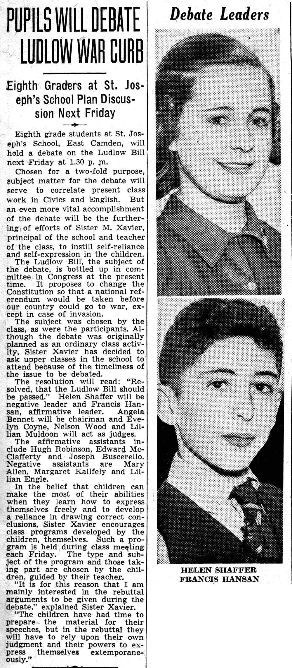 Camden Courier-Post, February 19, 1938 — Pupils Will Debate Ludlow War Curb