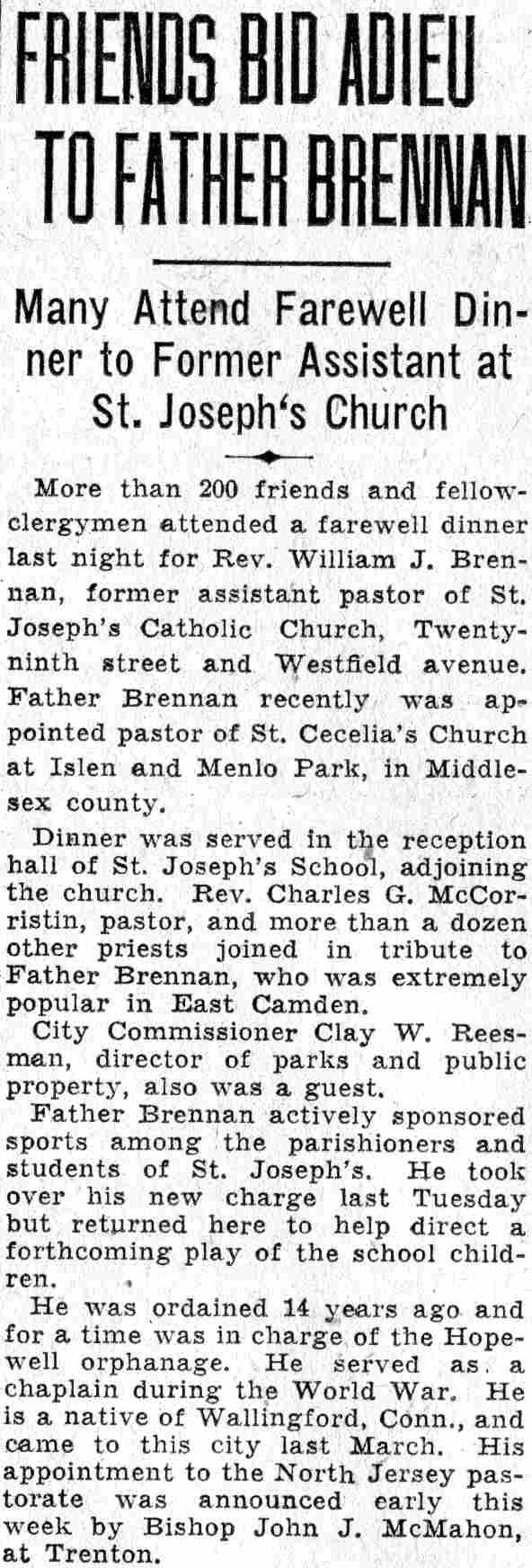 Camden Courier-Post, June 10, 1932 - Friends Bid Adieu to Father Brennan