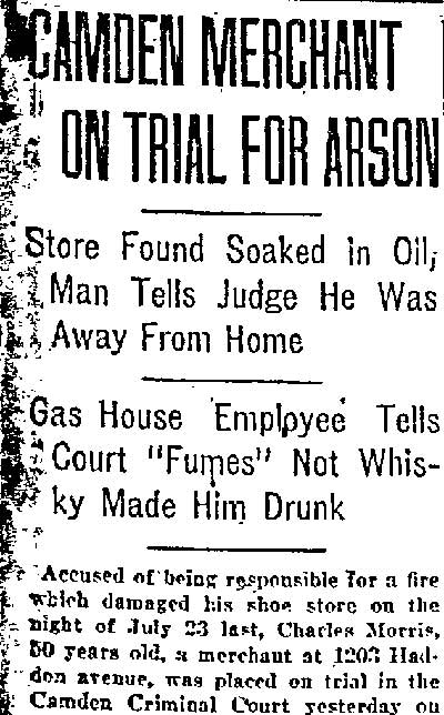 Camden Merchant on Trial for Arson newspaper clipping, page 1