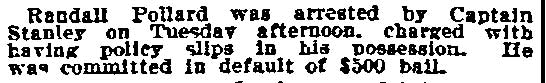 Randall Pollard Arrested for Policy Slips newspaper clipping