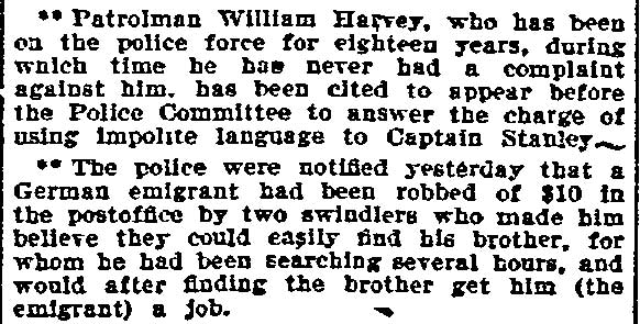 Patrolman Harvey Cited for Disrespect newspaper clipping