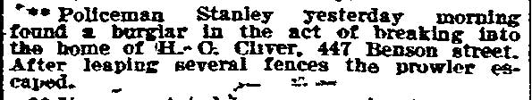 Burglar Escapes After Stanley’s Pursuit newspaper clipping