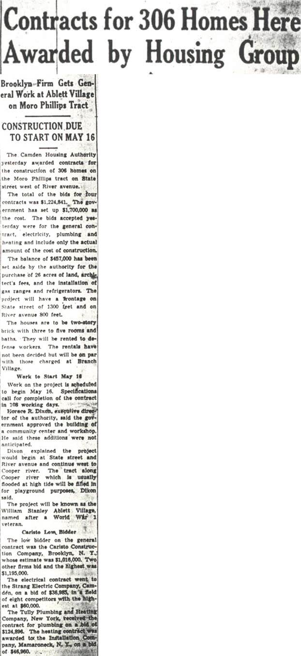 Contracts for 306 Homes Here Awarded by Housing Group, Camden Courier-Post, April 25, 1942