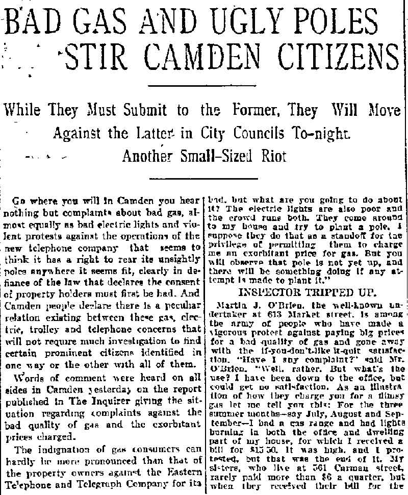 Bad Gas and Ugly Poles Stir Camden Citizens newspaper clipping, page 1