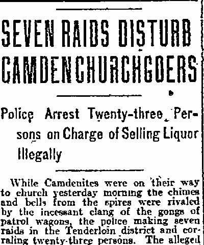 Seven Raids Disturb Camden Churchgoers newspaper clipping, page 1