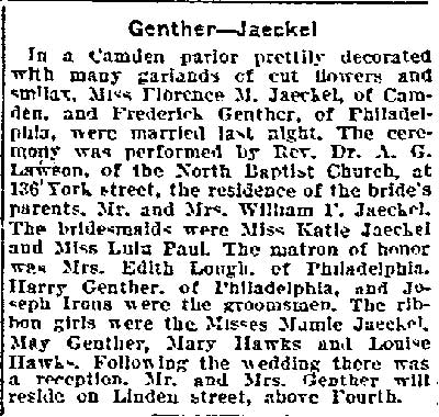 Genther-Jaeckel wedding announcement, Philadelphia Inquirer, December 13, 1900