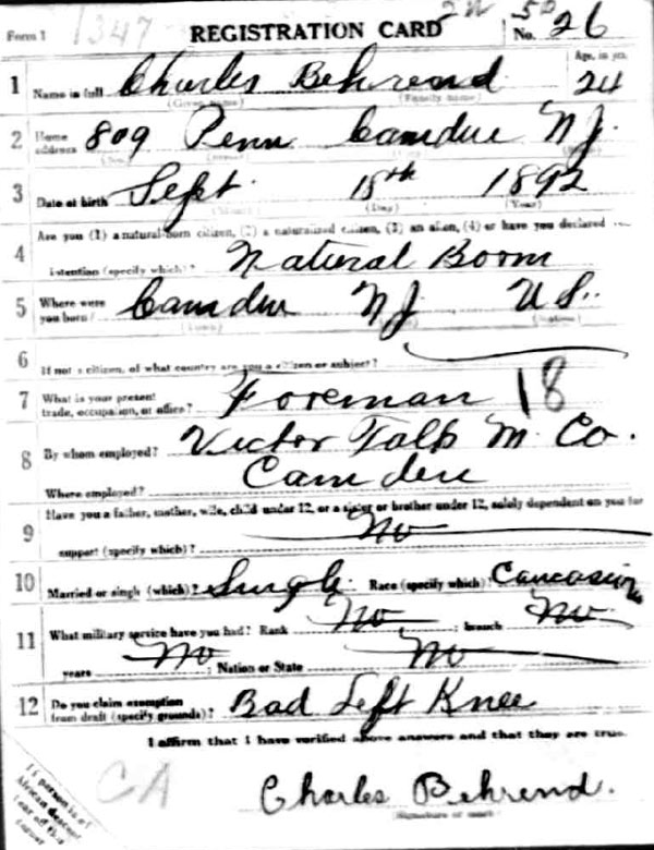 Charles Behrend World War I Draft Registration Card — front