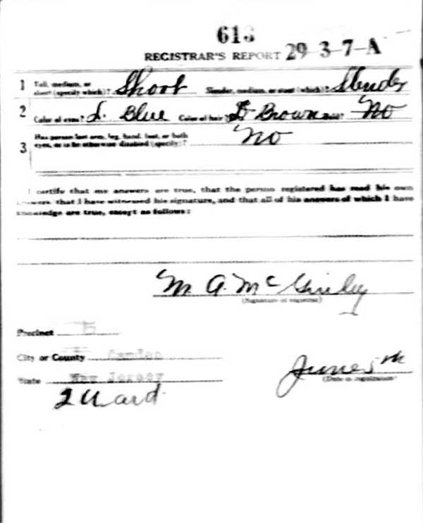 Charles Behrend World War I Draft Registration Card — back