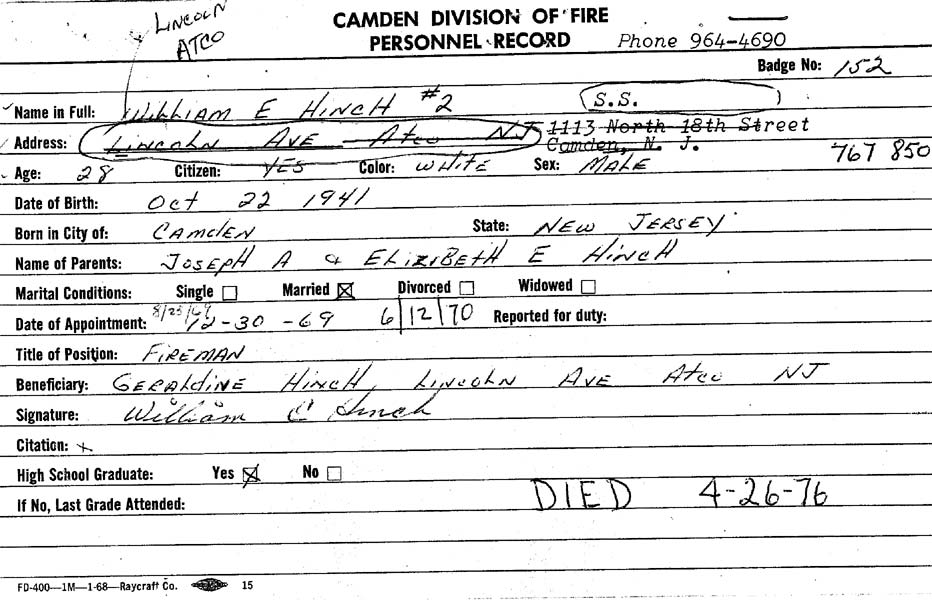 William E. Hinch II fire department record card, page 2