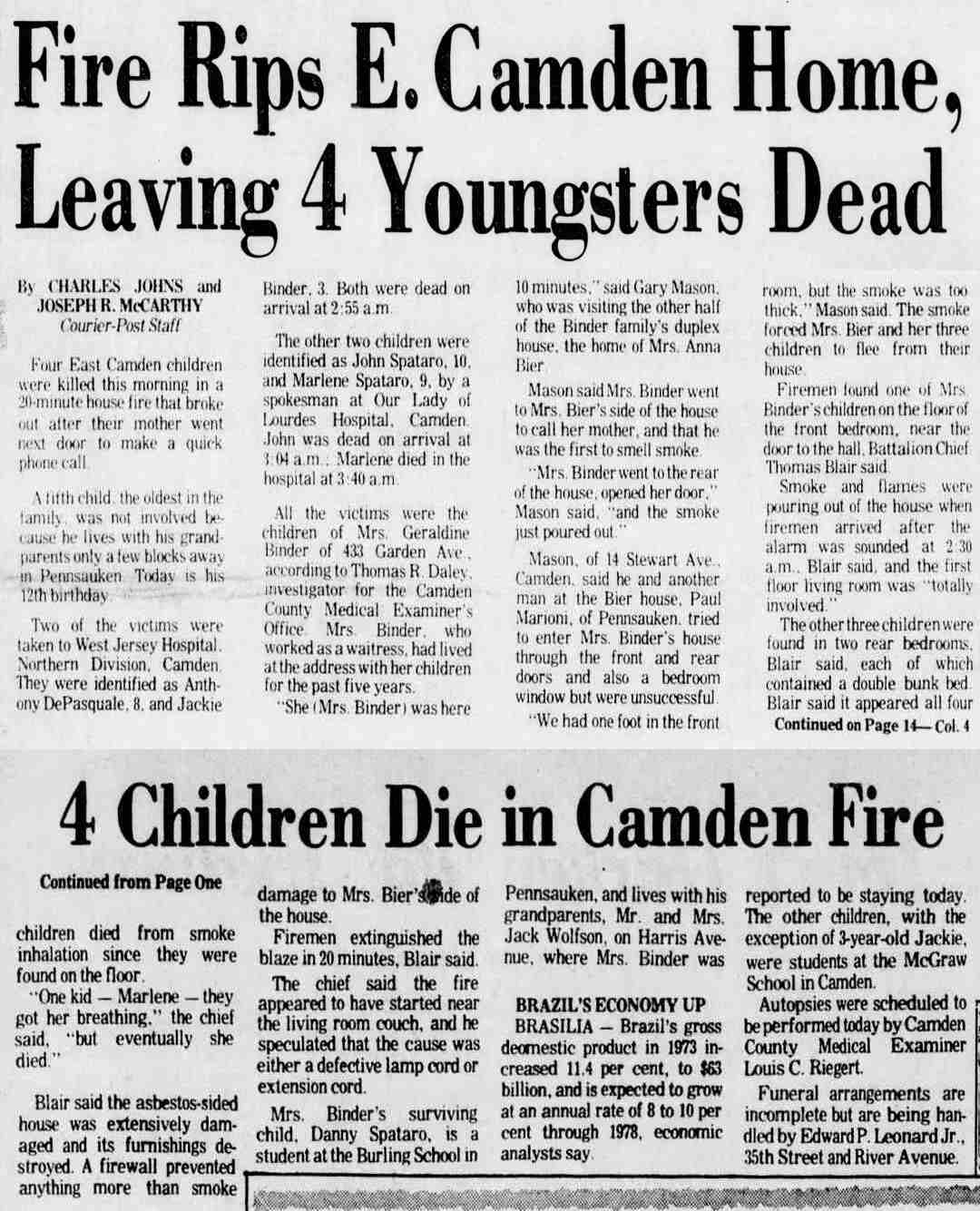 Fire Rips E. Camden Home, Leaving 4 Youngsters Dead - Camden Courier-Post, January 31, 1975