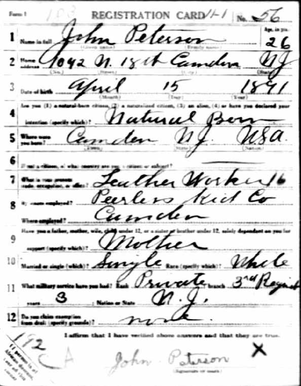 John M. Peterson World War I draft registration card, front