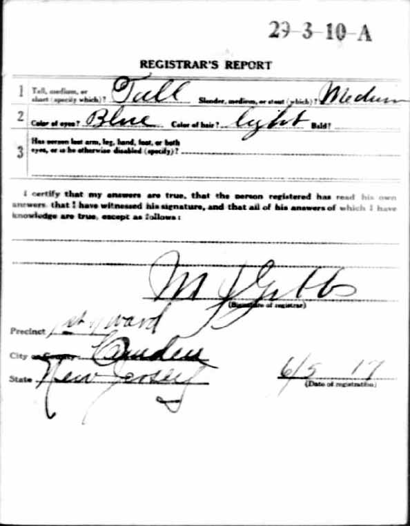 John M. Peterson World War I draft registration card, back