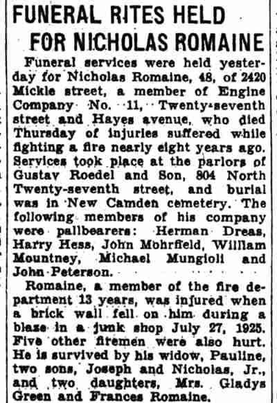Camden Courier-Post, May 17, 1933 — Funeral Rites Held for Nicholas Romaine
