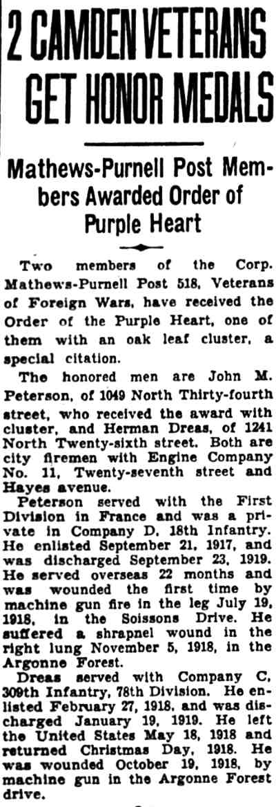 Camden Courier-Post, August 11, 1932 — 2 Camden Veterans Get Honor Medals