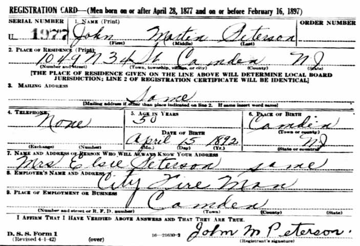 John M. Peterson World War II draft registration card