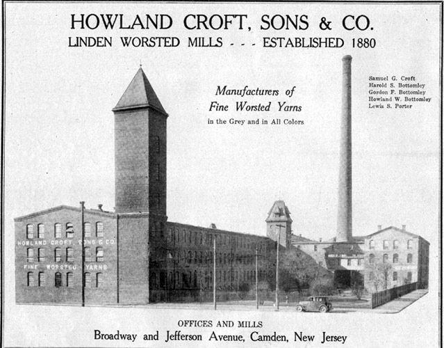 Howland Croft, Sons & Co. — Linden Worsted Mills, Broadway and Jefferson Avenue, Camden, NJ — 1928 advertisement