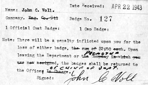 Camden Fire Department badge receipt for John C. Voll, badge no. 127, Engine Company 11, April 22, 1943
