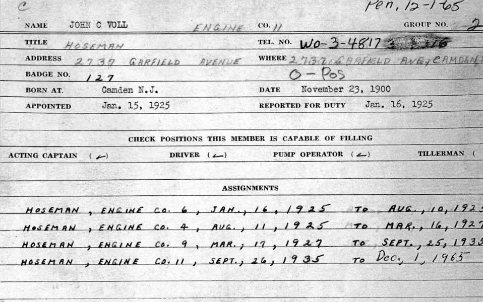 Camden Fire Department personnel record card for John C. Voll, Engine Company 11