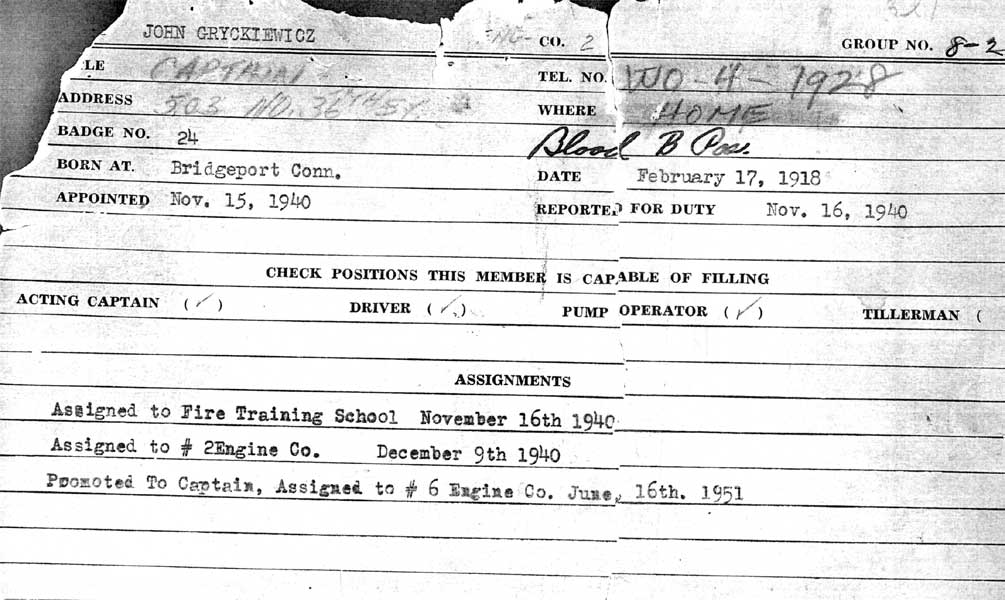John P. Gryckiewicz Camden Fire Department record card, side 1