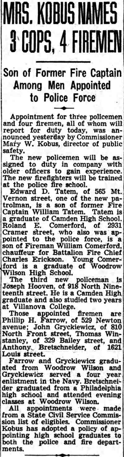 Newspaper clipping: Mrs. Kobus Names 3 Cops, 4 Firemen