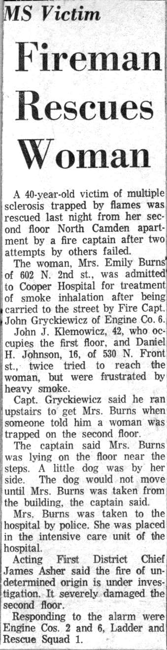 Newspaper clipping: MS Victim — Fireman Rescues Woman