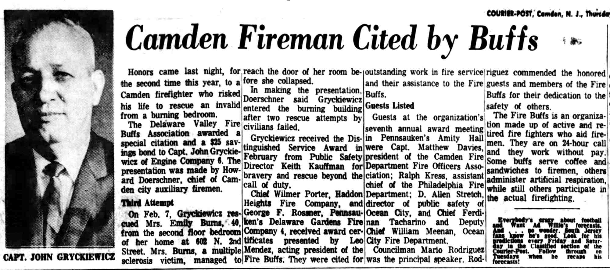 Newspaper clipping: Camden Fireman Cited by Buffs