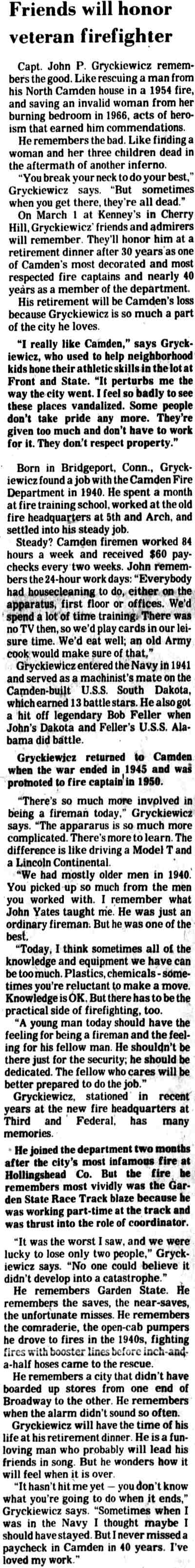 Newspaper clipping: Friends will honor veteran firefighter