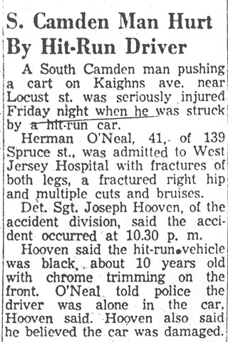 Newspaper clipping: S. Camden Man Hurt By Hit-Run Driver