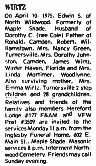 Edwin S. Wirtz obituary notice, Camden Courier-Post, April 12, 1975