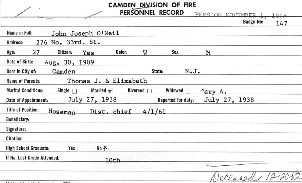 John J. O'Neil fire department service card
