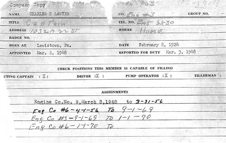 Camden Division of Fire personnel record card for Charles H. Lawyer, company copy