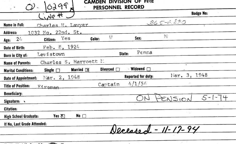 Camden Division of Fire personnel record for Charles H. Lawyer