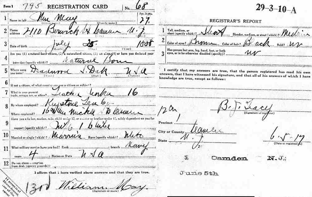 World War I Draft Card, William May