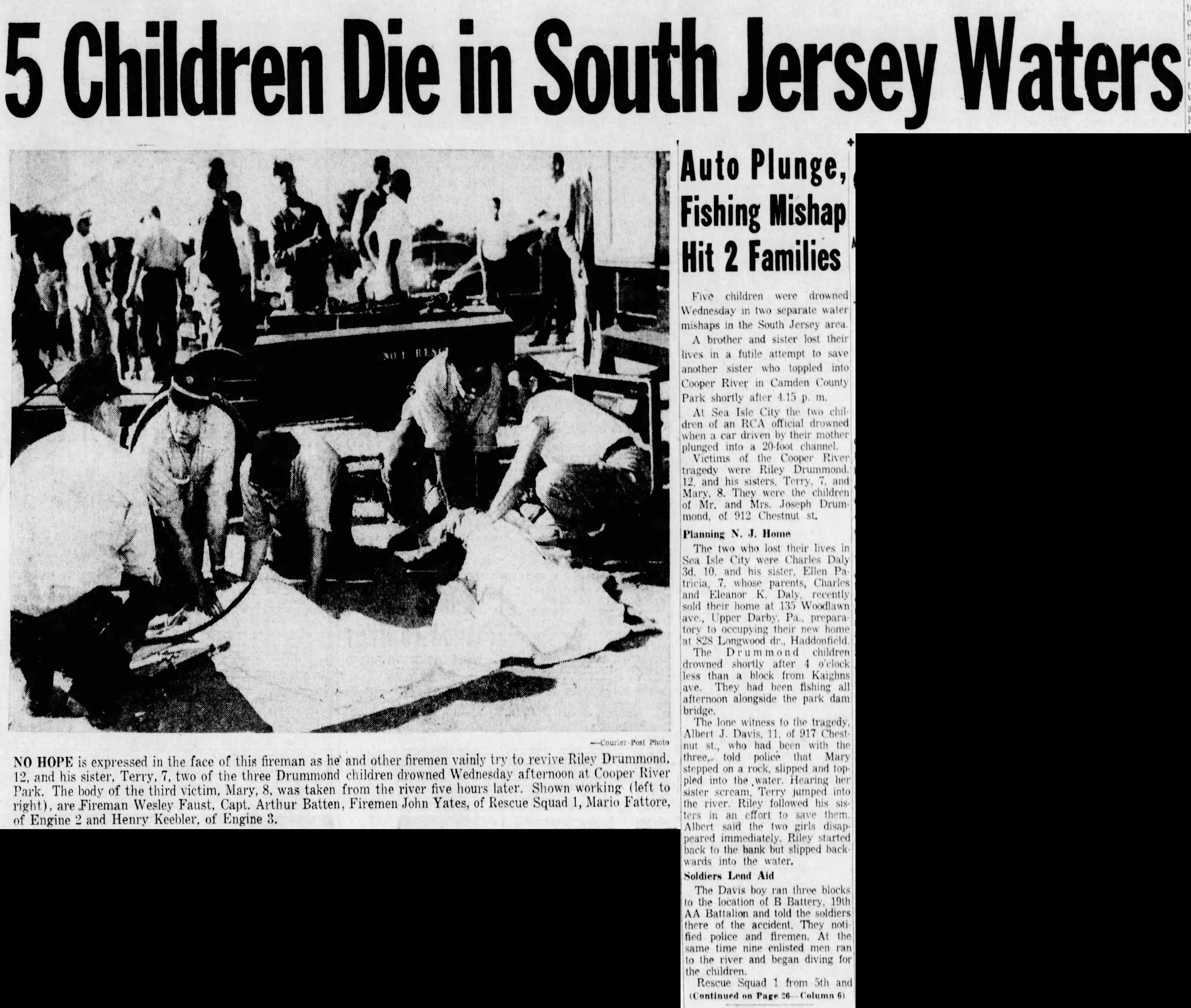 Headline: 5 Children Die in South Jersey Waters, Camden Courier-Post August 12, 1954