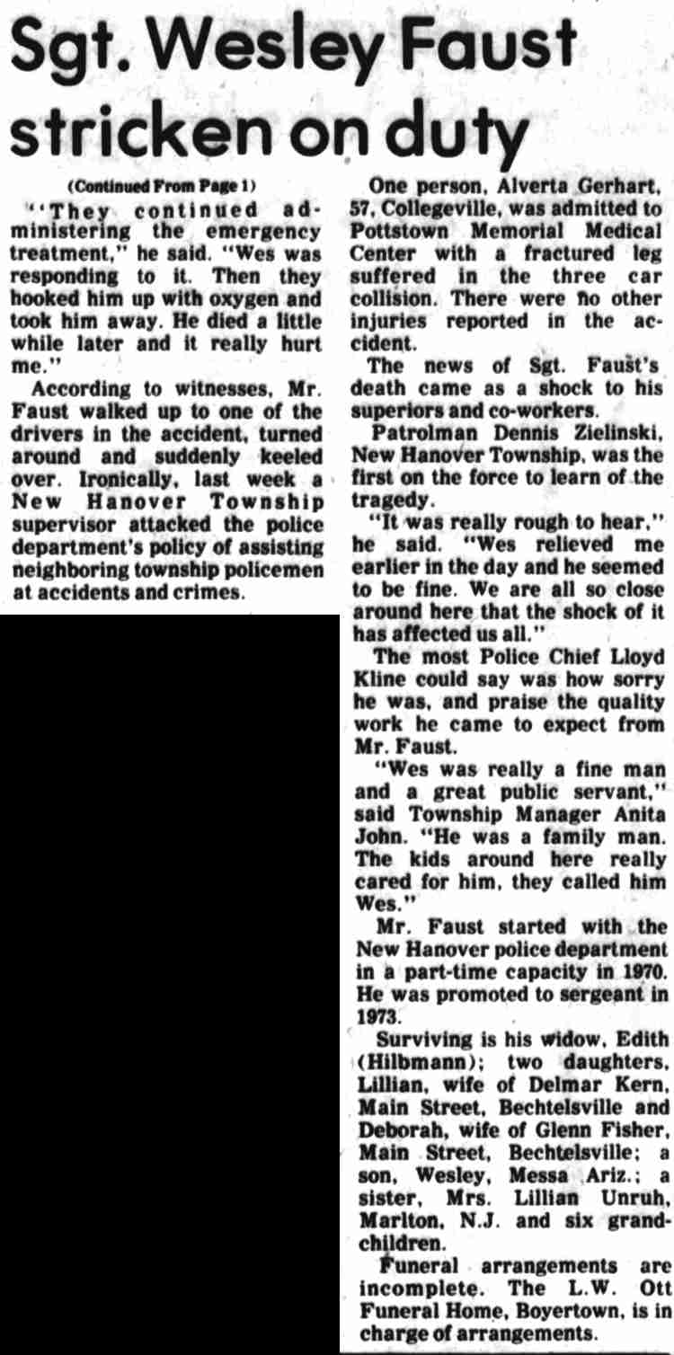 Pottstown Mercury continuation of the May 23, 1977 article 'Sgt. Wesley Faust stricken on duty'