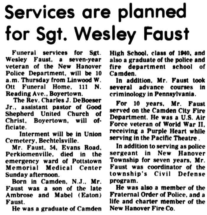 Services are planned for Sgt. Wesley Faust, The Mercury, May 24, 1977