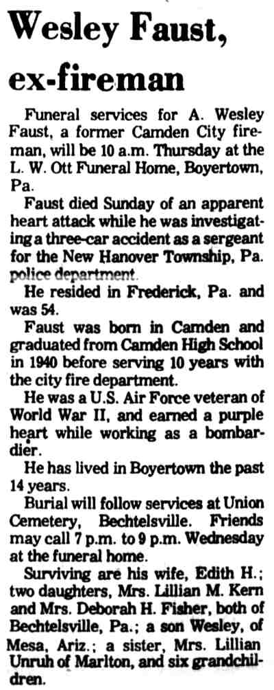 Wesley Faust obituary, Camden Courier-Post, May 24, 1977